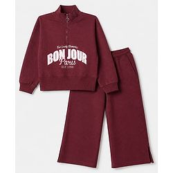 Pine Kids Looper Knit Full Sleeves Winter Wear Suit With Text Print - Wine