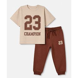 Pine Kids 100% Cotton Knit Half Sleeves T-Shirt and Joggers Set with Text Print - Brown