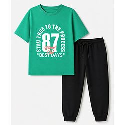 Pine Kids Cotton Knit Half Sleeves T-Shirt With Text Print & Joggers Set - Green & Black