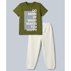 Pine Kids 100% Cotton Single Jersey Knit Half Sleeves T-Shirt and Jogger with Bio wash and Do More of What Makes You Happy Text Print - Green