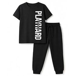 Pine Kids Cotton Knit Half Sleeves T-Shirt & Joggers Set With Text Print - Black