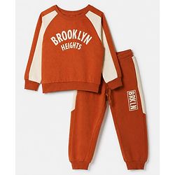 Pine Kids Looper Knit Full Sleeves Winter Wear Suit With Text Print - Light Brown