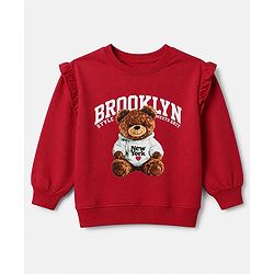 Pine Kids Cotton Mixes Looper Knit Full Sleeves Sweatshirt and Jogger Set with Bear Print -Maroon & Black