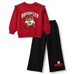 Pine Kids Cotton Mixes Looper Knit Full Sleeves Sweatshirt and Jogger Set with Bear Print -Maroon & Black