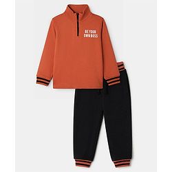 Pine Kids Cotton Knit Full Sleeves Winter Wear Suits with Be Your Own Boss Print -Dark Orange