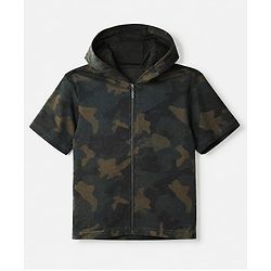 Pine Kids Looper Knit Half Sleeves Hooded Jacket & Joggers Set With Camouflage Print & Inner Tee - Black
