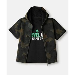 Pine Kids Looper Knit Half Sleeves Hooded Jacket & Joggers Set With Camouflage Print & Inner Tee - Black
