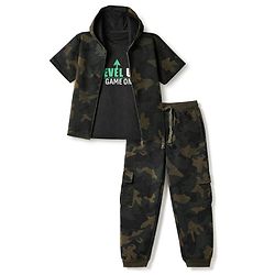 Pine Kids Looper Knit Half Sleeves Hooded Jacket & Joggers Set With Camouflage Print & Inner Tee - Black