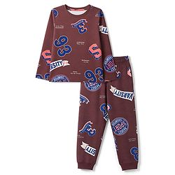Pine Kids Cotton Knit Full Sleeves Co-Ords T-Shirt & Pyjama Night Suit with Sports Theme Print - Brown