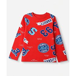 Pine Kids Cotton Knit Full Sleeves Co-Ords T-Shirt & Pyjama Night Suit with Sports Theme Print - Red