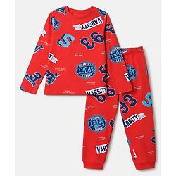 Pine Kids Cotton Knit Full Sleeves Co-Ords T-Shirt & Pyjama Night Suit with Sports Theme Print - Red