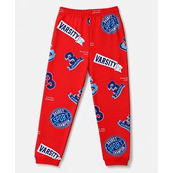 Pine Kids Cotton Knit Full Sleeves Co-Ords T-Shirt & Pyjama Night Suit with Sports Theme Print - Red