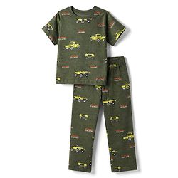 Pine Kids Cotton Knit Half Sleeves Co-Ords T-Shirt & Pyjama Night Suit with Vehicle Print - Olive Green