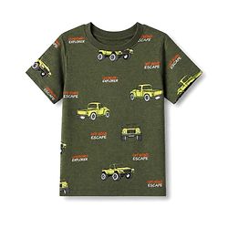 Pine Kids Cotton Knit Half Sleeves Co-Ords T-Shirt & Pyjama Night Suit with Vehicle Print - Olive Green