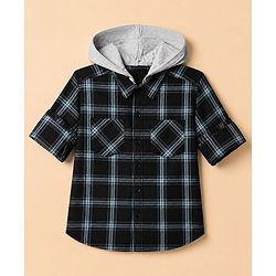 Pine Kids Cotton Woven Hooded Shirt with Full Sleeves and Buffalo Checks Print in Blue