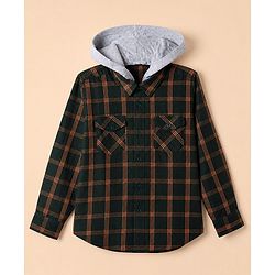 Pine Kids Cotton Woven Hooded Shirts with Full Sleeves in Olive Green