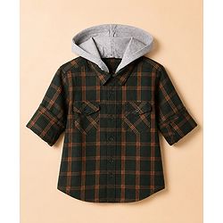 Pine Kids Cotton Woven Hooded Shirts with Full Sleeves in Olive Green