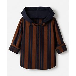 Pine Kids 100% Cotton Woven Hooded Shirts with Full Sleeves and Striped Print in Brown for 4-5 Years