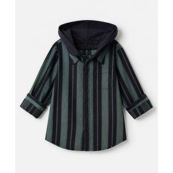 Pine Kids 100% Cotton Woven Hooded Shirts with Full Sleeves and Striped Print in Green for 4-5 Years