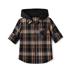 Pine Kids 100% Cotton Woven Hooded Shirt with Full Sleeves and Tartan Plaid Print in Brown