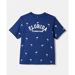 Pine Kids 100% Cotton Single Jersey 180 GSM Knit Half Sleeves Co-ord T-Shirt & Pyjama Night Suit with Florida Text & Flamingo Print with Bio Wash - Blue