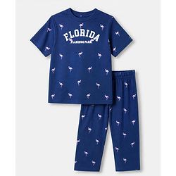 Pine Kids 100% Cotton Single Jersey 180 GSM Knit Half Sleeves Co-ord T-Shirt & Pyjama Night Suit with Florida Text & Flamingo Print with Bio Wash - Blue