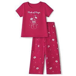 Pine Kids 100% Cotton Single Jersey 180 GSM Knit Half Sleeves T-Shirt & Pyjama Night Suit with Made of Magic Text & Floral Print with Bio Wash - Magenta