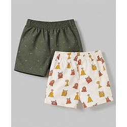 Pine Kids Cambric Woven Boxers With Animal Print Pack of 2 - White Green