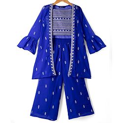 Pine Kids Georgette Woven Full Sleeves Indo Western Set With Floral Embroidery & Sequin Detailing - Royal Blue