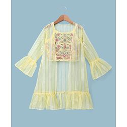 Pine Kids Woven Indo Western Set with Full Sleeves and Floral Pattern Embroidery in Yellow for 4-5 Years