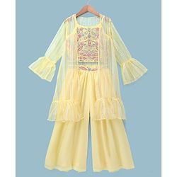 Pine Kids Woven Indo Western Set with Full Sleeves and Floral Pattern Embroidery in Yellow for 4-5 Years