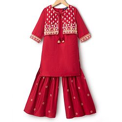 Pine Kids Woven Three Fourth Sleeves Kurti and Sharara with and Floral Embroidery - Maroon