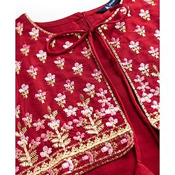 Pine Kids Woven Three Fourth Sleeves Kurti and Sharara with and Floral Embroidery - Maroon
