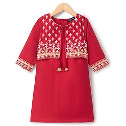 Pine Kids Woven Three Fourth Sleeves Kurti and Sharara with and Floral Embroidery - Maroon