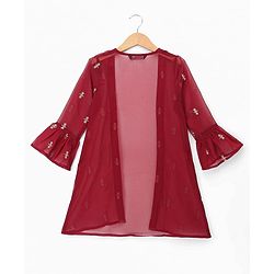 Pine Kids Georgette Woven Indo Western Sets With Floral Embroidery - Maroon