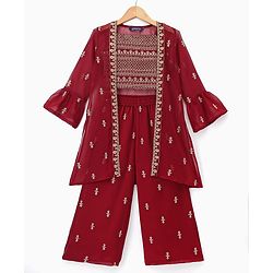 Pine Kids Georgette Woven Indo Western Sets With Floral Embroidery - Maroon