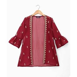 Pine Kids Georgette Woven Indo Western Sets With Floral Embroidery - Maroon