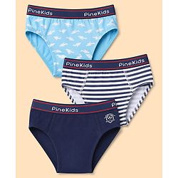 Pine Kids Cotton Elastane Knit Briefs With Shark & Stripe Print Pack of 3 - Black, Navy & Light Blue