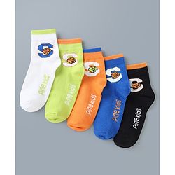 Pine Kids Cotton Mix Knit Ankle Length Socks With Brand Logo Print Set of 5 - Blue, White & Black