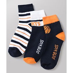 Pine Kids Cotton Mix Knit Ankle Length Socks With Brand Logo Print Set of 3 - Orange, White & Black