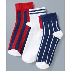 Pine Kids Cotton Mix Knit Ankle Length Striped Socks Set of 3 - Blue, White & Red