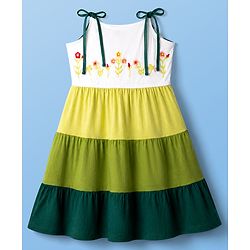 Pine Kids 100% Cotton Knit Frock with Sleeveless and Flowers Embroidery in Olive Green