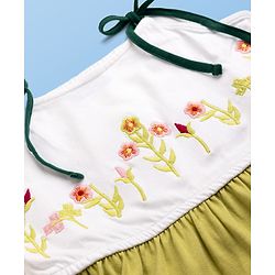 Pine Kids 100% Cotton Knit Frock with Sleeveless and Flowers Embroidery in Olive Green