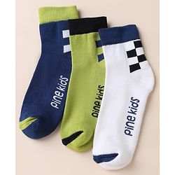 Pine Kids Cotton Blend Knit Ankle Length Socks With Text Design Pack of 3 - White Blue Green