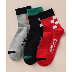 Pine Kids Cotton Knit Ankle Length Socks With Text Design Pack of 3 in Red Black Grey