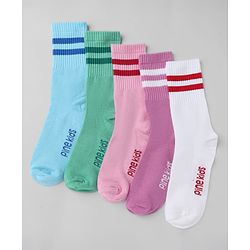 Pine Kids Cotton Knit Mid Calf length Striped Socks Pack of 5 - White Pink Blue Green & Plum