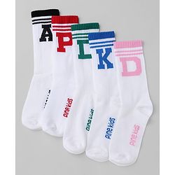 Pine Kids Cotton Knit Mid Calf Length Socks With Pine Kids Text Design Pack Of 5 - Black Blue Pink Green & Red