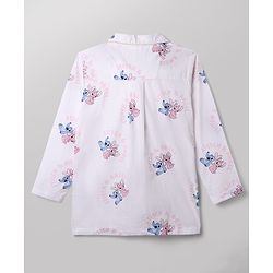 Pine Kids Disney 100% Cotton Woven Front Open Full Sleeves Co-ord Shirt & Pajama Night Suit with Stitch & Angel Print - White
