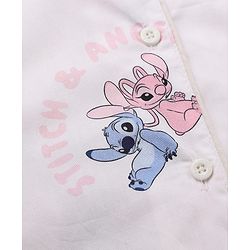 Pine Kids Disney 100% Cotton Woven Front Open Full Sleeves Co-ord Shirt & Pajama Night Suit with Stitch & Angel Print - White