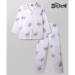 Pine Kids Disney 100% Cotton Woven Front Open Full Sleeves Co-ord Shirt & Pajama Night Suit with Stitch & Angel Print - White